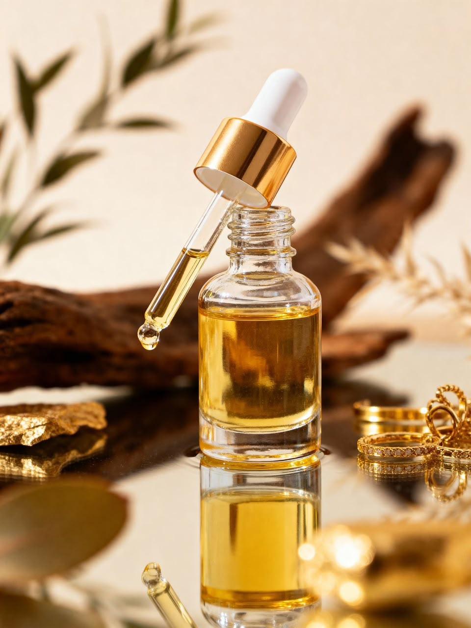 Amber glass dropper bottle among dried botanicals