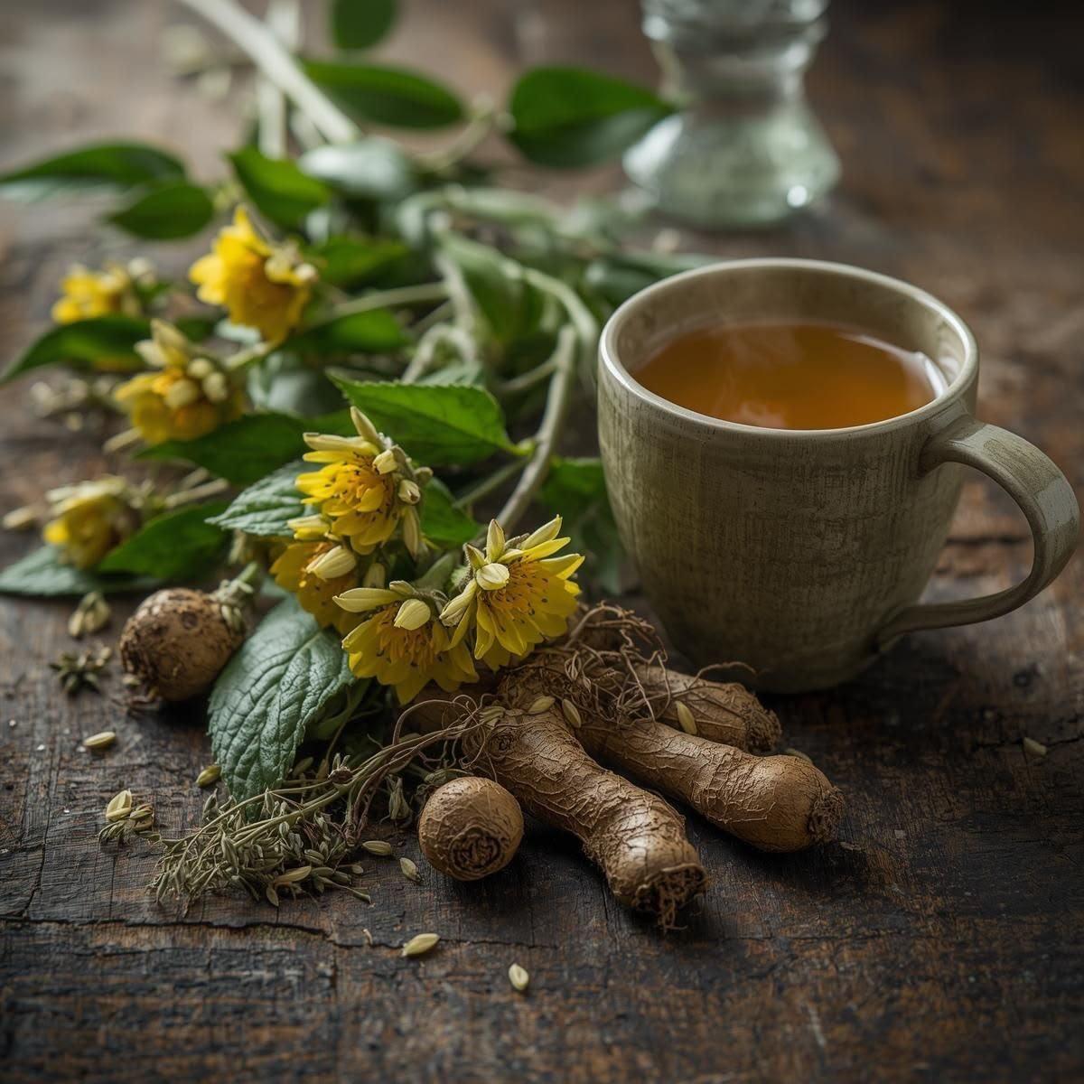 Cup of amber herbal tea beside dried leaves and yellow flowers