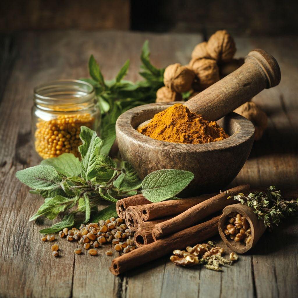 Cinnamon sticks, walnuts, dried herbs, and turmeric powder in a stone mortar and pestle